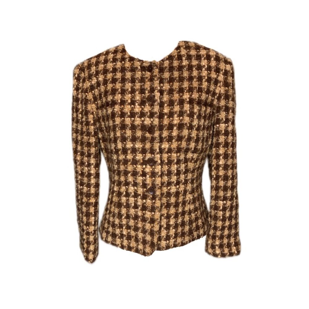 1990's Jones New York Brown Wool Plaid Crop Clueless Blazer Active